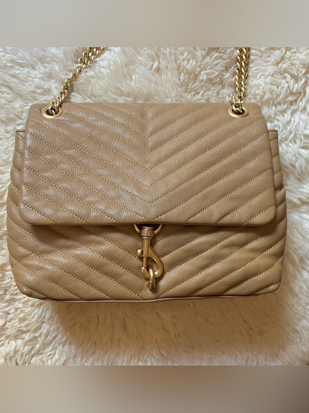 Rebecca Minkoff Edie Flap Chevron Quilted Leather Shoulder Bag in Tan - Picture 8 of 16